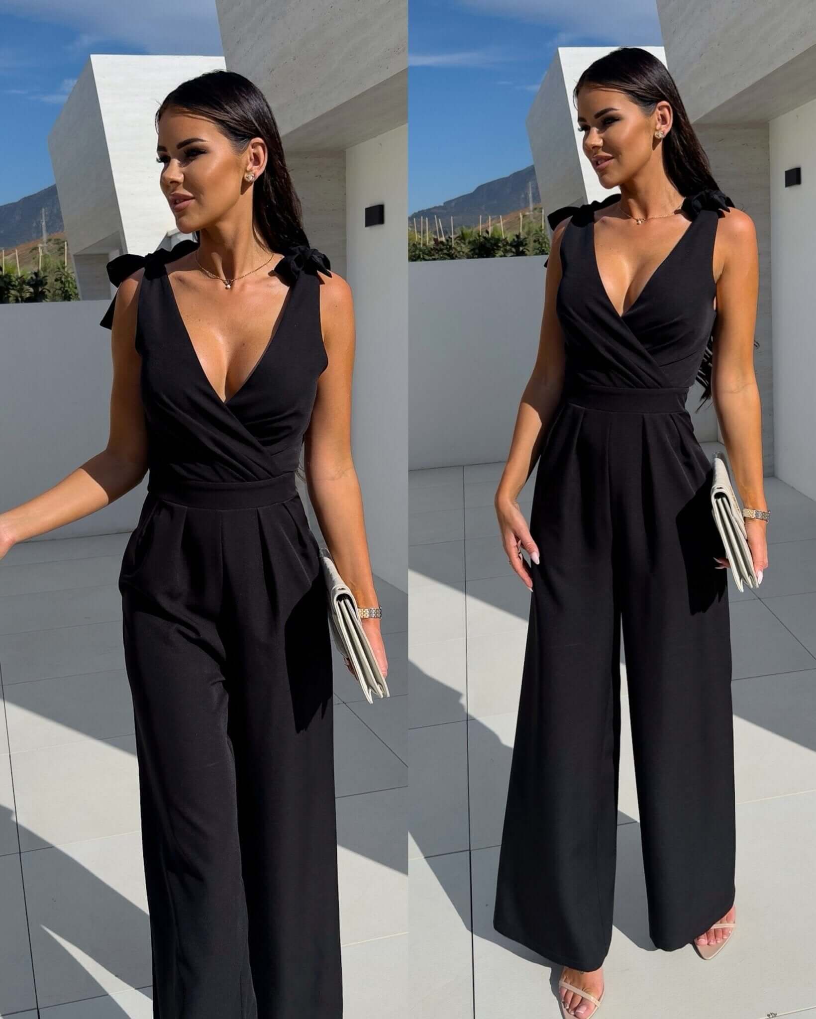 Élégante combinaison noire à manches nouées, parfaite pour toutes occasions et tailles 36 à 44.